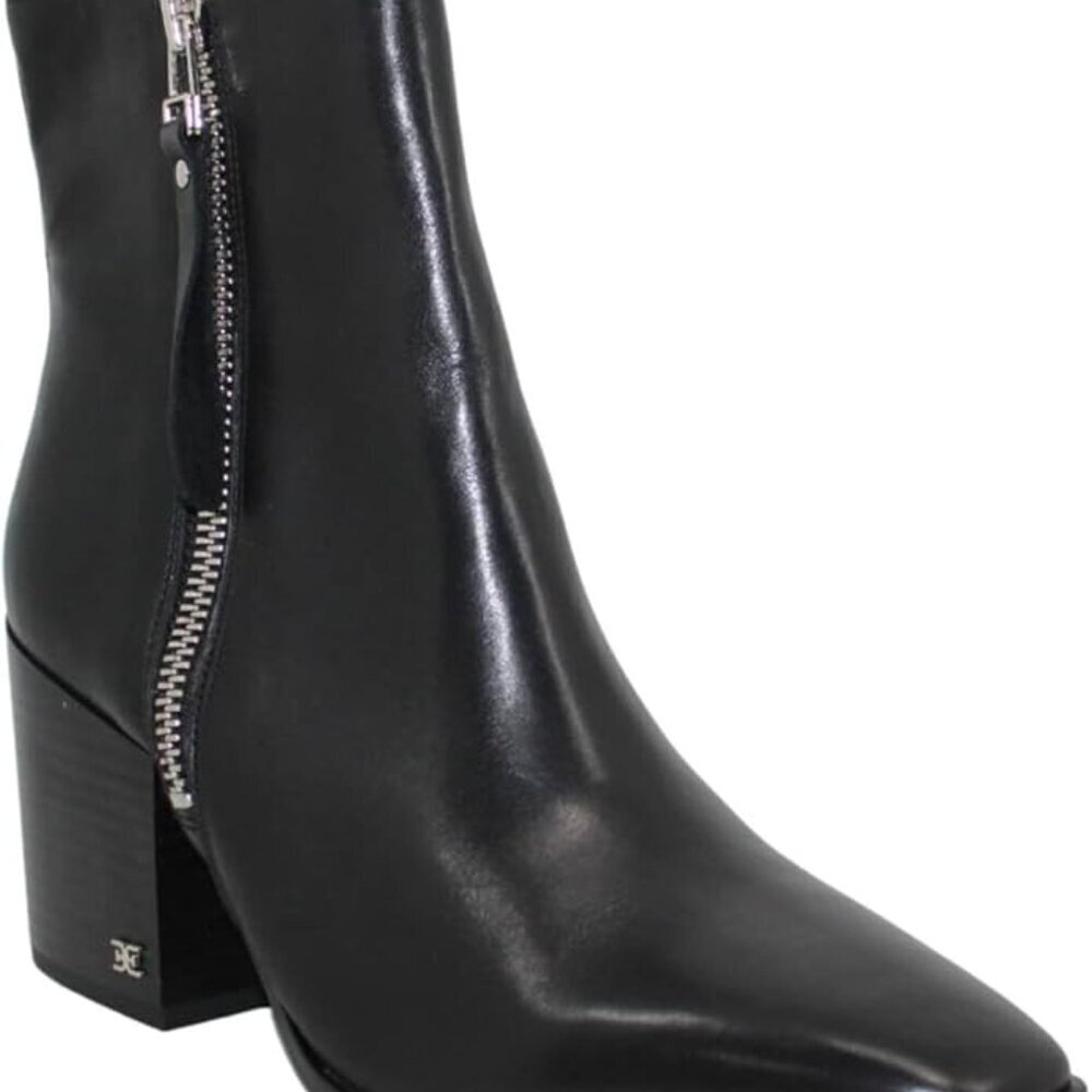Sam Edelman Carlysle Black Leather Block Heel Silver Zipper Ankle Boots BRANDNEW